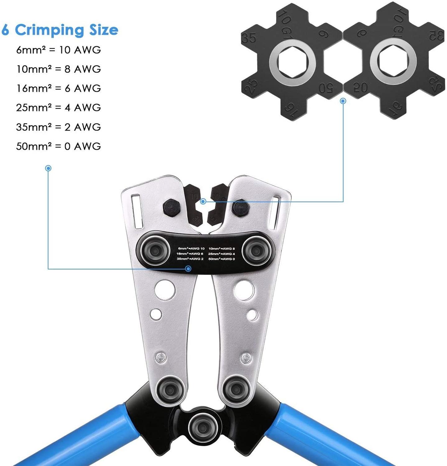 Wire Crimper Battery Cable Crimping Tool for 0, 2, 4, 6, 8, 10 AWG Cable Lug Crimper with Cable Cutter