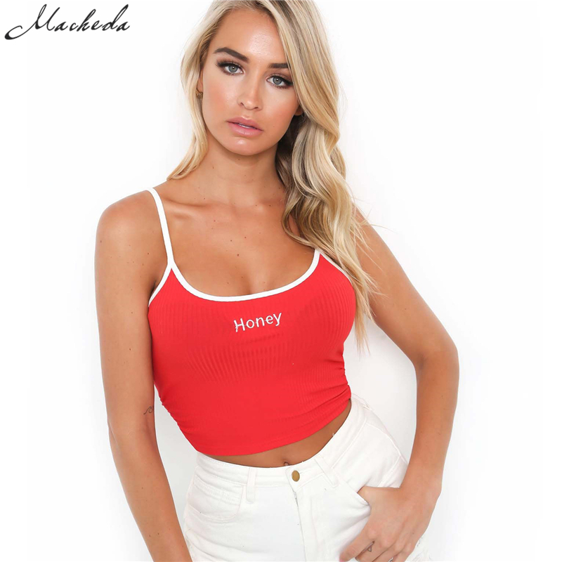 Macheda 2018 New Fashion Women Tank Tops Red White Letter "Honey" Print Sexy Casual Sleeveless Camisole Crochet Croptop