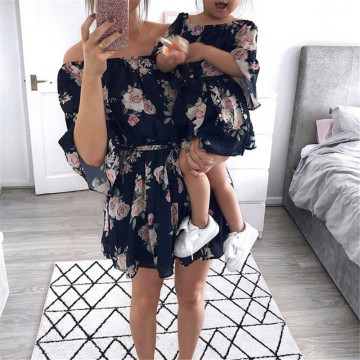 Mother and Daughter Boho Dresses Fashion Parent-child Off-shoulder Dress Family Matching Outfits Mom Half Sleeve Printed Dresses