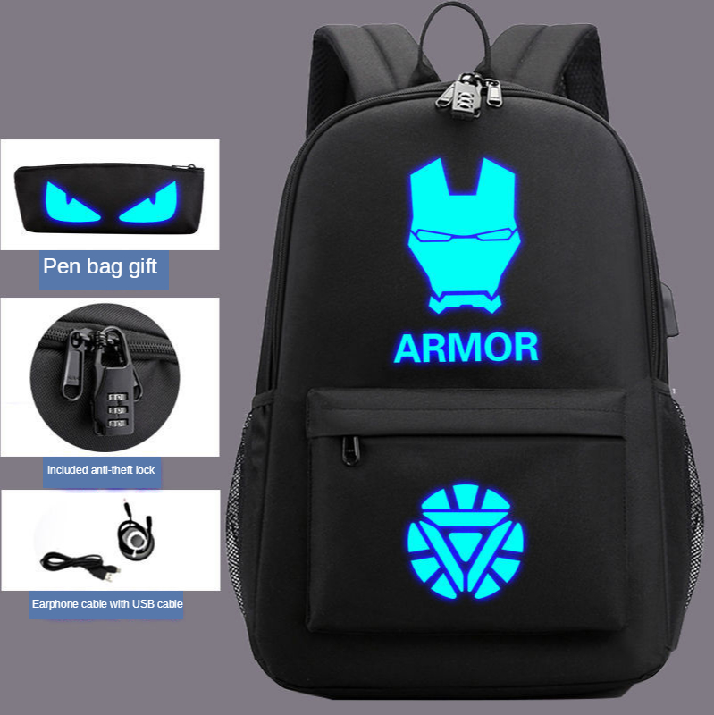 Iron Man Disney Backpack Captain Marvel School Bag for Boy Girls Luminous Anime Backpack Children's Waterproof USB Charging Gift