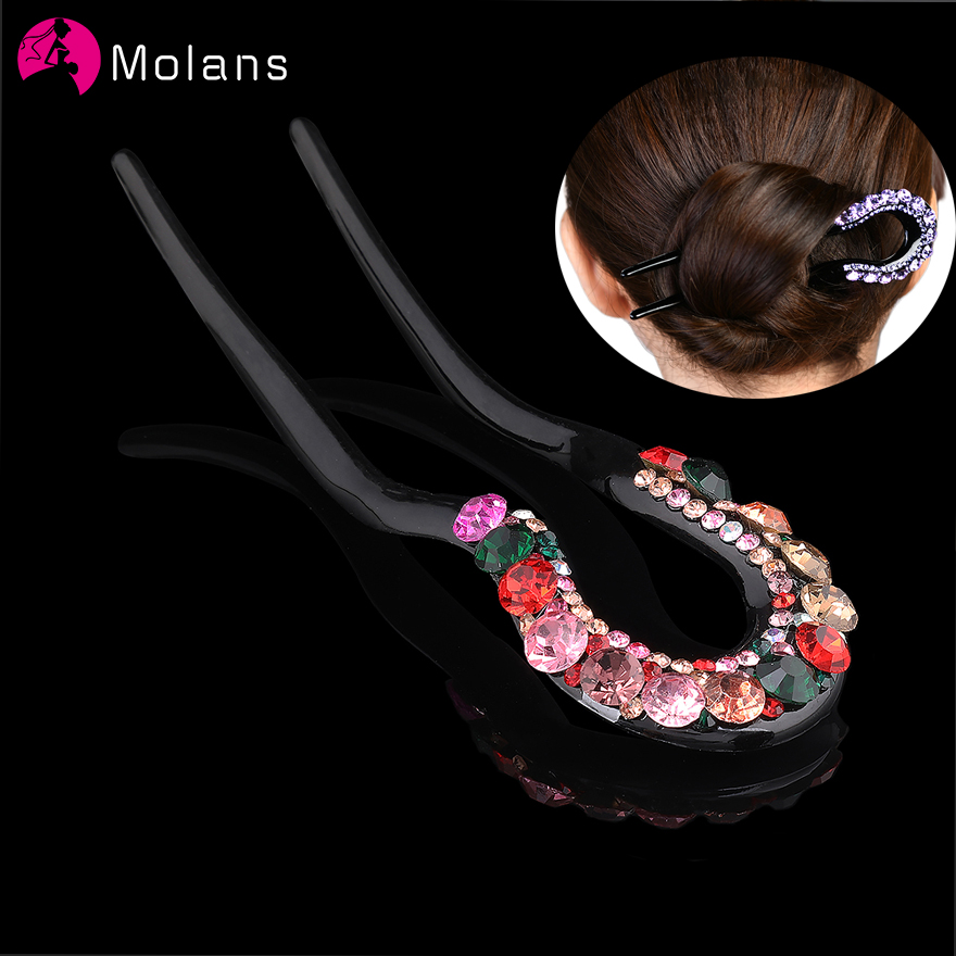 Molans Crystal Hair Sticks Hair Maker Hairpin Hair Tiara Women Retro Simple Classic Chinese dDaily Cheongsam U-shaped Hairpin