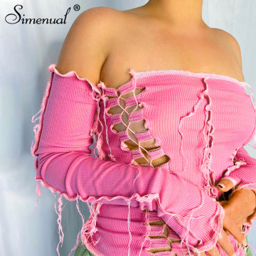 Simenual Patchwork Off Shoulder Tie Front Top for Women Long Sleeve Fall 2020 Fashion T Shirts Cropped Ribbed Pink Bodycon Tees