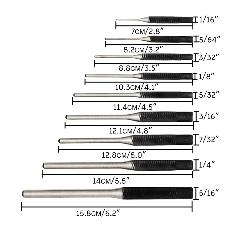 9Pcs Steel Multi Size Round Head Pins Punch Set Grip Roll Pins Punch Tool Kit Professional Hollow End Starter Punch Chisel