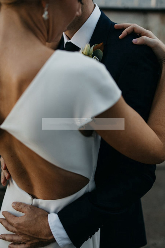 Simple Satin Sheath Wedding Dresses Open Back Plain White Elegant Bridal Dress Cap Sleeves Long Back Slit Robe De Mariée Custom