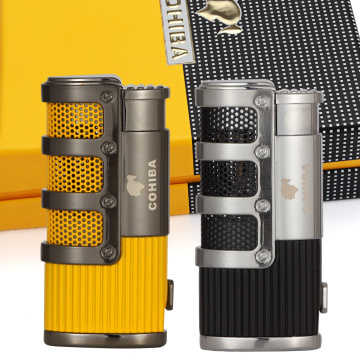 COHIBA Lighters Metal Pocket Butane Cigar Torch Lighter Gas Windproof 3 Jet Smoking Lighter For Cigar Accessories W/ Gift Box