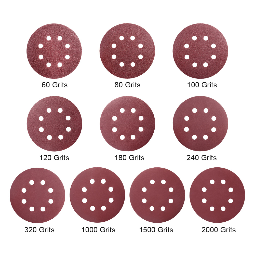 10Pcs 8 Holes 5 Inch Sanding Discs Hook and Loop 60/80/100/180/240/320/1000/2000 Grit Sandpaper Assortment for Orbital Sander