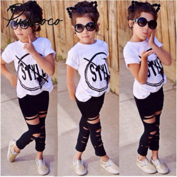 Summer Stylish Kids Baby Girl Clothes Tee T-shirt Tops Black Destroyed Pants Trouser Leggings Outfits Clothing Set 2-7y