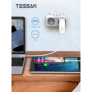 TESSAN EU Power Strip Socket with 2 AC Outlets + 2 USB Charger Adapter Overload protection 4-in-1 Socket EU plug Portable Travel