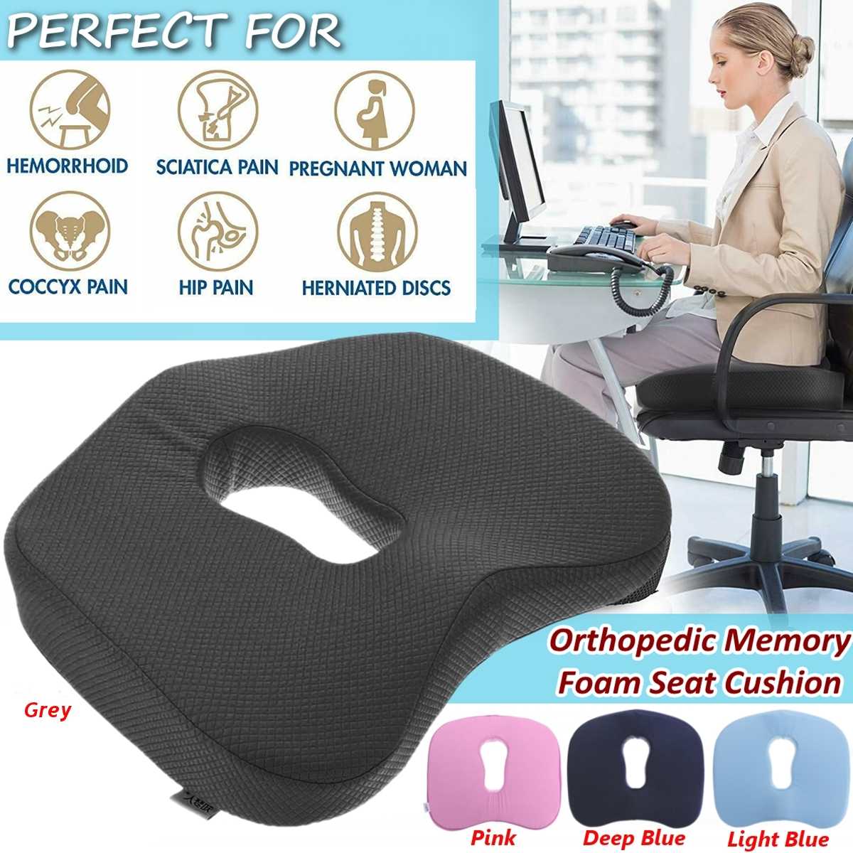 Non-Slip Orthopedic Memory Foam Seat Cushion for Office Chair Car Wheelchair Back Support Sciatica Coccyx Tailbone Pain Relief