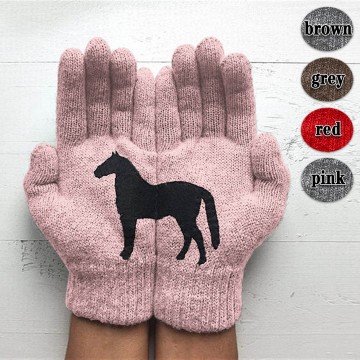 Winter Warm Cold Cashmere Gloves Thicken Cartoon Horse Pattern Print Wool Knitted Full Finger Gloves Adult Men And Women Gloves