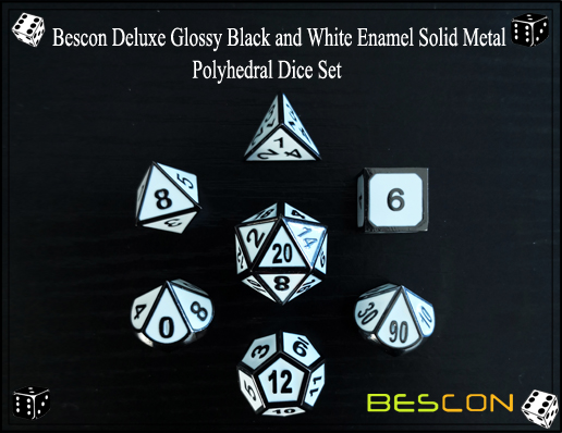 Bescon Deluxe Glossy Black and White Enamel Solid Metal Polyhedral Role Playing RPG Game Dice Set (7 Die in Pack)-4
