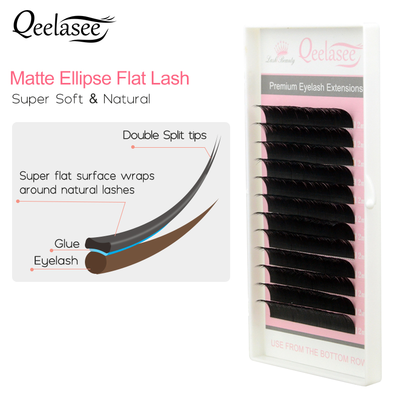 Qeelasee matte flat lashes split tips individual mink ellipse shaped natural light soft false ellipse eyelashes
