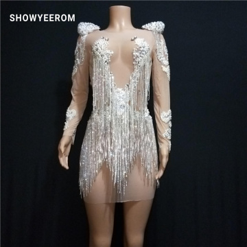 pearl Rhinestones Fringes Dress Stage Wear Transparent elastic mesh Singer Evening Performance Tassel Evening dress short Dress