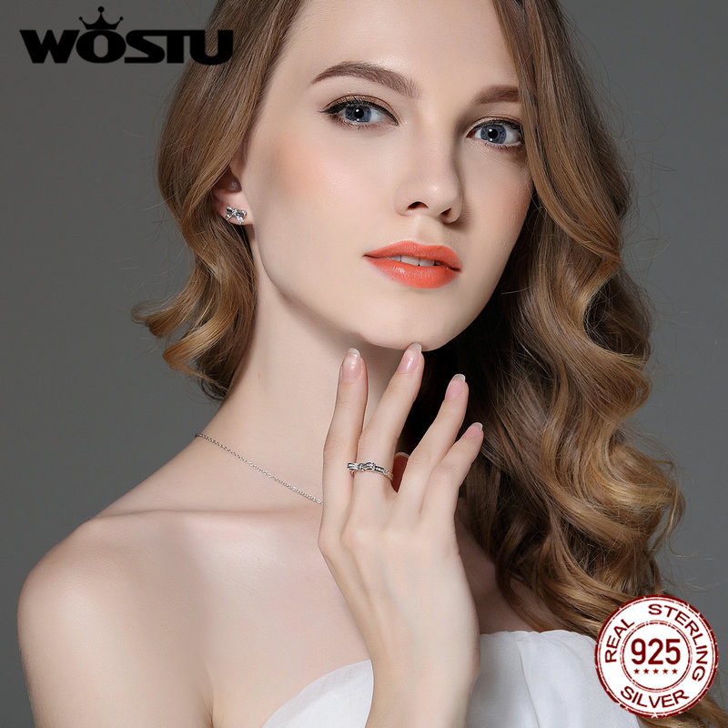 WOSTU Authentic Real 100% 925 Sterling Silver Sparkling Bow Knot Jewelry Sets Original Women Wedding Jewelry XCS022