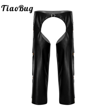 TiaoBug Men Black Faux Leather Crotchless Chaps Wild West Cowboy Sexy Costumes Fringe Buckled Open Crotch Porno Loose Long Pants