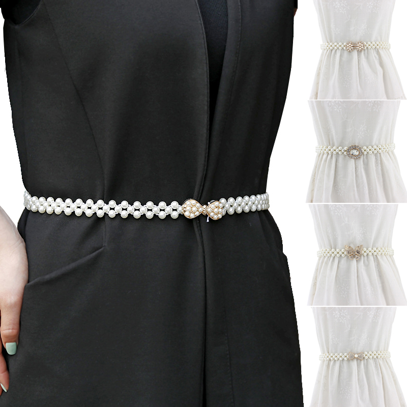 2020 Women Gilr Luxury Elegant Waistband Elastic Crystal Pearl Beading White Fashion Buckle Waist Band Belt For Dress Clothes