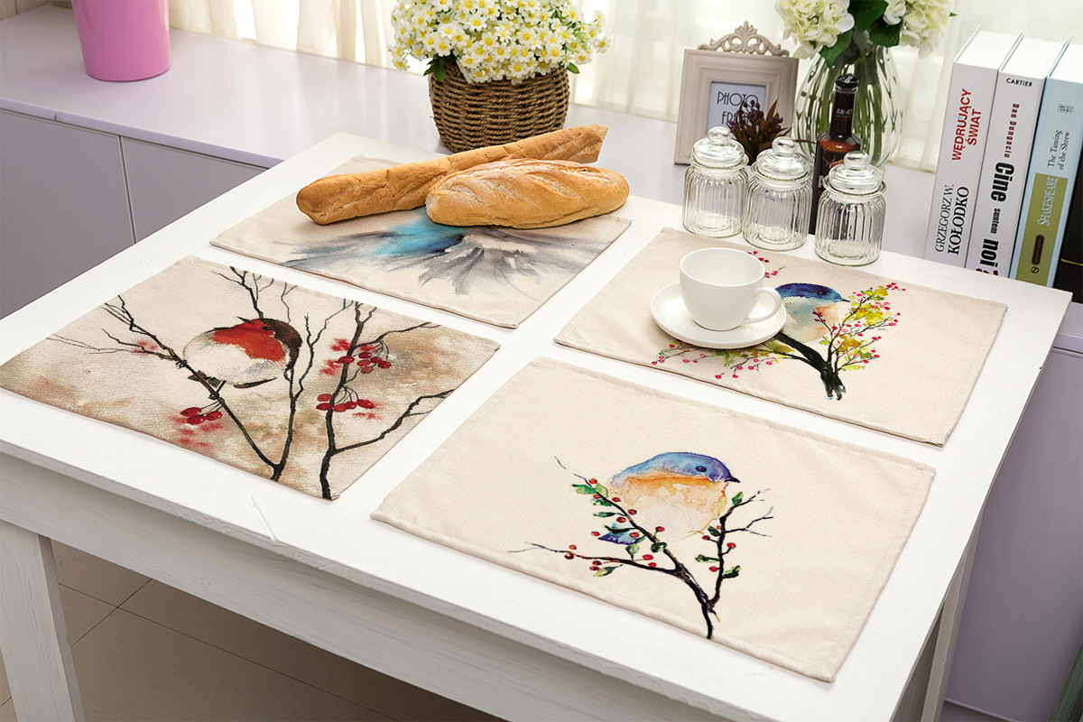 42x32cmrectangular Cottonmats Kitchen Tableware Mat Ink Painting Bird Print Fabric Non-slip Placemat Dish Mat Kitchen Decoration