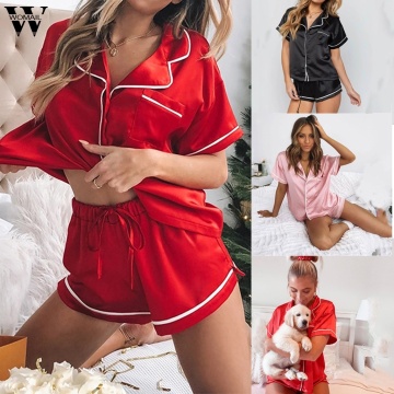 Womail Pajamas Women Sets 2PC Pink Short Sleeve Top + Shorts Satin Silk Pajama Set Cute Sleepwear Womens Home PJ Set para mujer