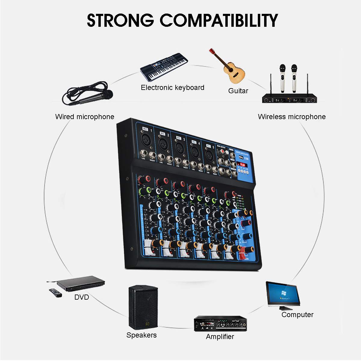 LEORY Professional 7 Channel Bluetooth Digital Microphone Sound Mixer Console Karaoke Players Audio Mixer Amplifier With USB