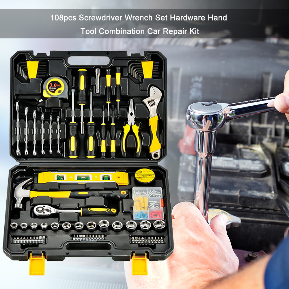 Hand Tool Set General Household Repair Hand Tool Kit with Plastic Tool box Storage Case Hammer Screwdriver Ratchet Wrench