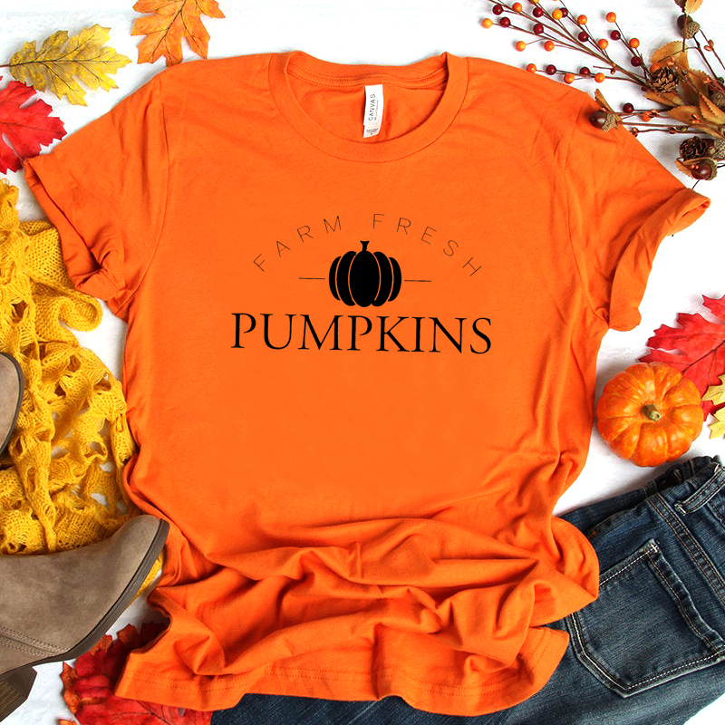 Farm Fresh Pumpkin Graphic Tees Women Halloween Funny Grunge T-shirt Streetwear Hipster Tshirt Festival Cotton Shirts Drop Ship