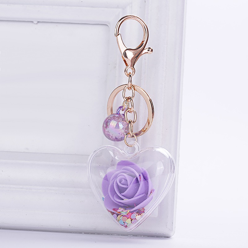 New Fashion Sequins Glitter Rose Keychain Pendant Transparent Plastic Eternal Flower Key Chain Women Car Handbag Keyring