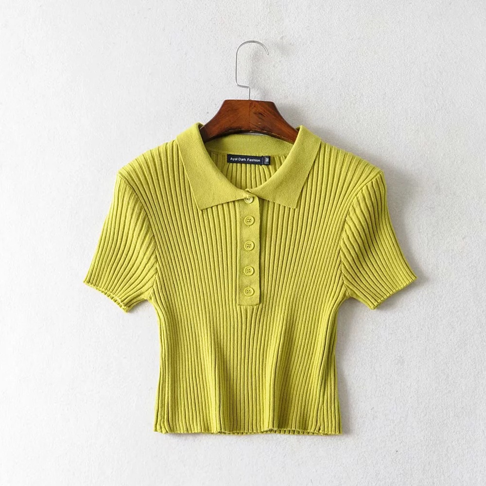 Harajuku Girls Knitted Polo Collar T Shirts Women Summer Knit Crop Tops Casual Fashion Solid Basic Tshirt Cropped Button Shirt