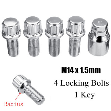 5pcs/set Steel Wheel Lock Bolts M14 x 1.5mm Locking Radius Security Lug Nuts Set for Audi for VW