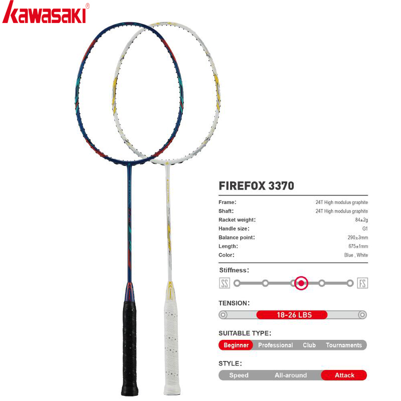 2020 Kawasaki Badminton Racket Attack Firefox 3370 for Men and Women Carbon Single Racquet With Free Grip