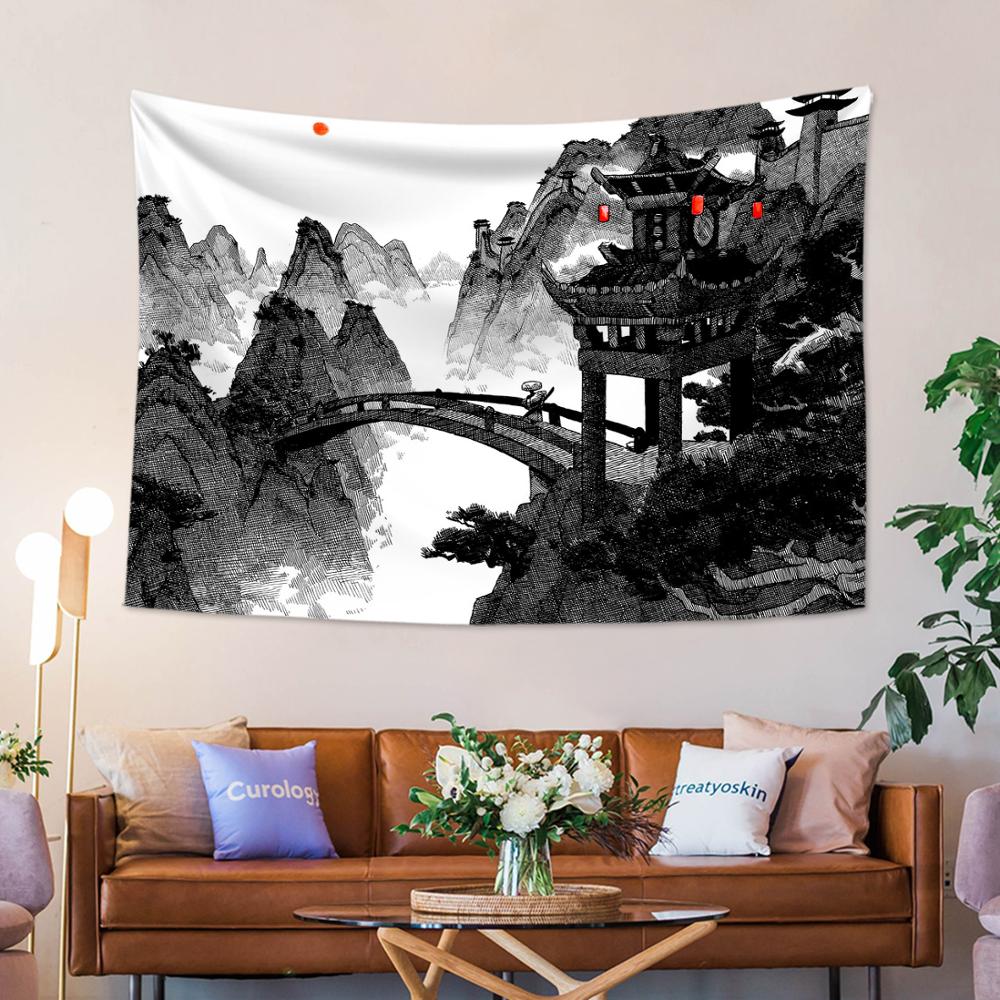 Chinese Landscape Painting Hanging Tapestry Mountain Stone Bridge Ancient Building Wall Hanging Tapestries Blanket Cloth Curtain