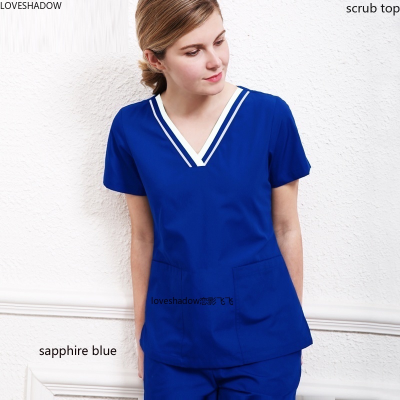 Women Scrub Top Short Sleeve Nurse Uniforms V Neck Cotton Doctor Workwear Dentist Costume Hospital Gown Big Pocket Nurse Uniform