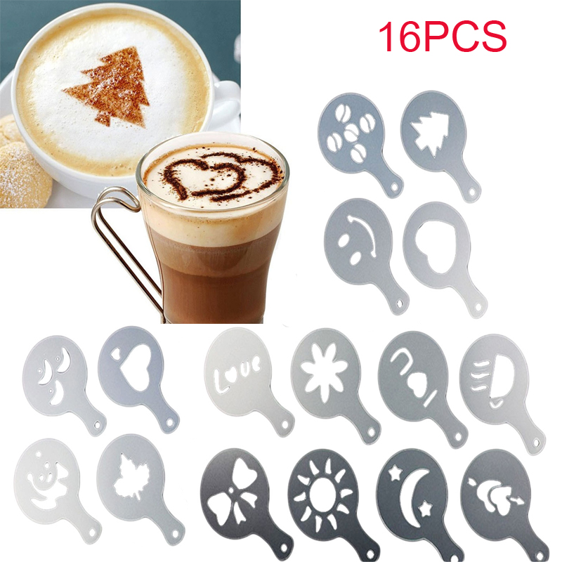 16PCS/set Cafe Foam Spray Template Barista Stencil Decoration Tool Garland Mold Coffee Printing Powdered Sugar Sieve Accessories