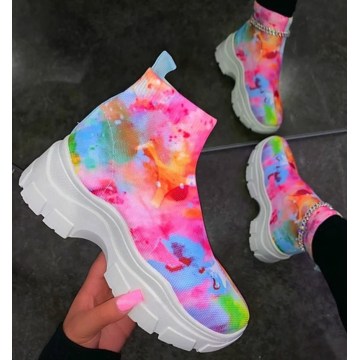 New Women Boots Tie-dye High Top Women Casual Sneakers Breathable Stretch Colorful Women's thick Bottom Sports Running Shoes