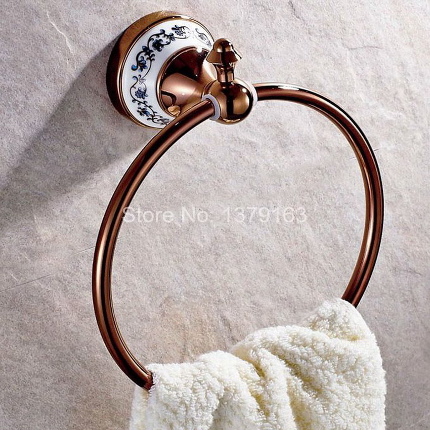 NEW Bathroom Accessory Wall Mounted Luxury Rose Golden Copper Brass Ceramic Flower Pattern Towel Ring Towel Rack Holder aba386