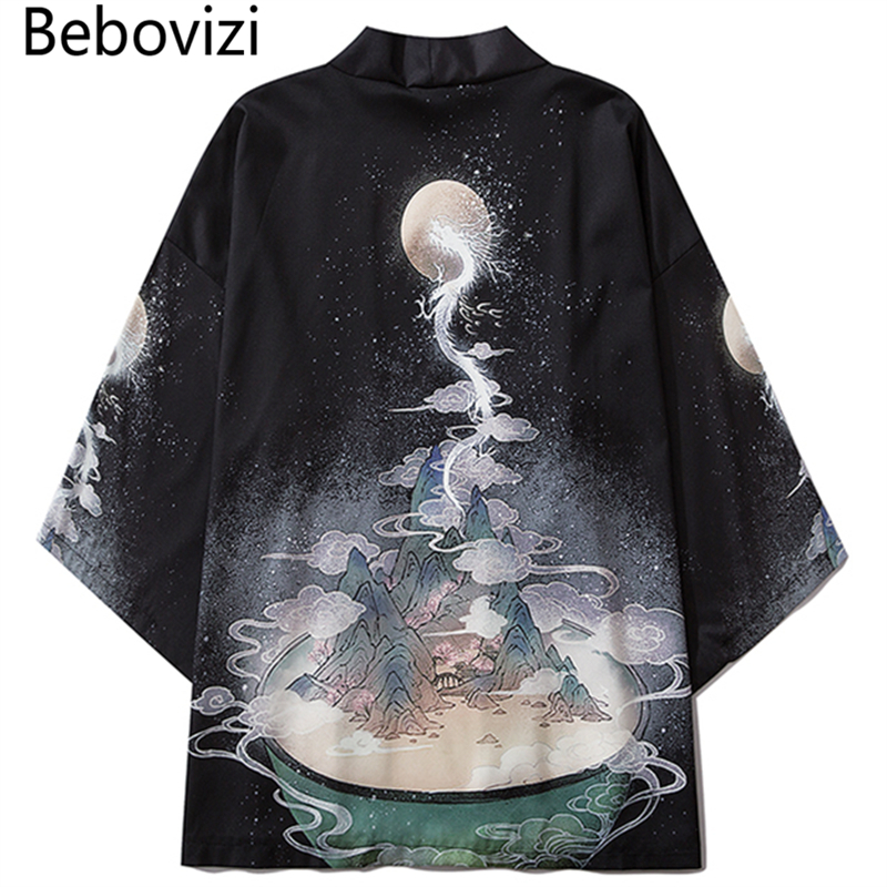 Bebovizi 2020 Japanese Style Black Kimono Streetwear Men Women Cardigan Chinese Dragon Robe Female Summer Asian Clothing