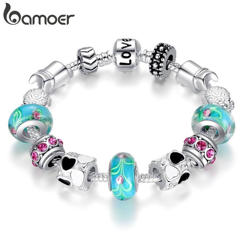 bamoer Hot Sell Silver Plated Charm Bracelet Bangle for Women with Murano Beads Fashion Love DIY Jewelry PA1019