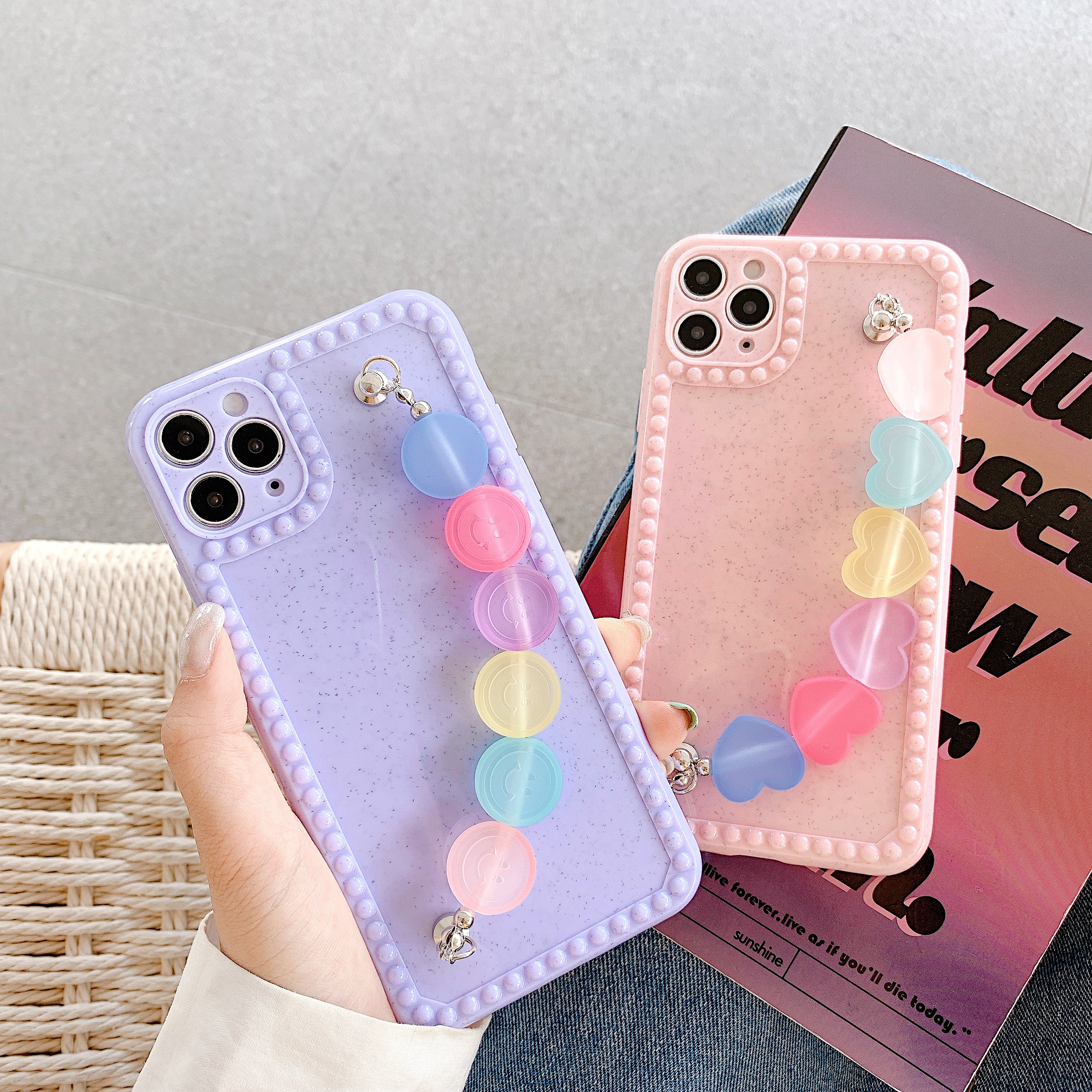 Fresh Korea Cute Candy Color Love heart Bracelet Phone case for iphone X XR XS 11 12mini pro MAX 7 8 plus back soft cover fundas