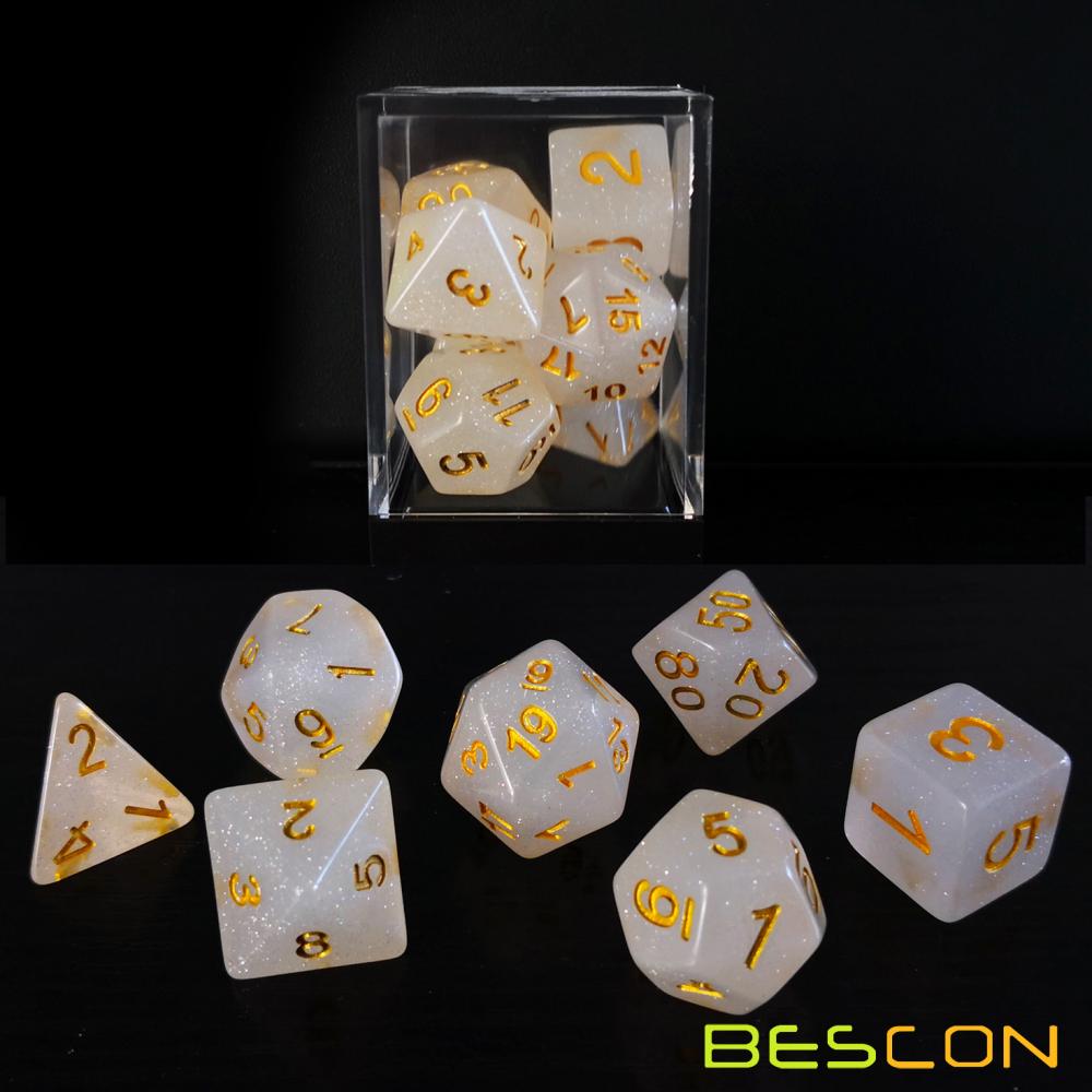 Bescon Intensive Glitter DND Dice 7pcs Set VEIL MIST, New Glitter Polyhedral Die set d4 d6 d8 d10 d12 d20 d%, Brick Box Package