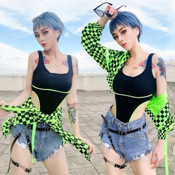 New Stage Costumes For Singers Fluorescent Green Plaid Jacket Women Jazz Performance Clothing Nightclub Hip Hop Wear DN6066