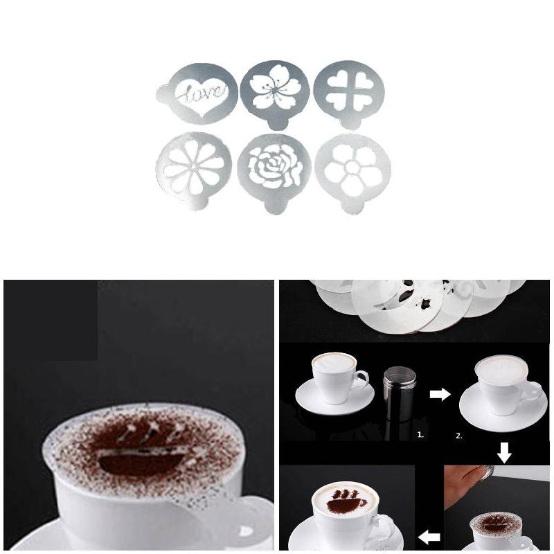 6Pcs/Set Coffee Stencil Plastic Milk Cake Cupcake Template Barista Cappuccino Latte Printing Model Spray Decoration Tool FPing