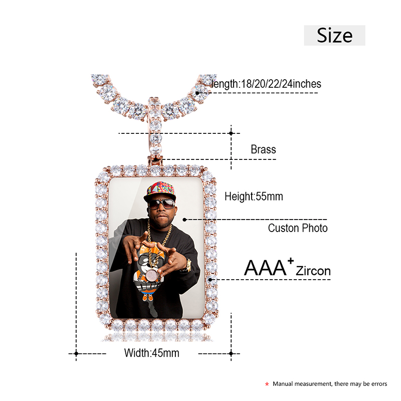 New Rectangle Custom Made Photo Pendant Necklace Medallions Mens Hip Hop Jewelry For Gold Silver Rose Gold Crystal Fashion Chain