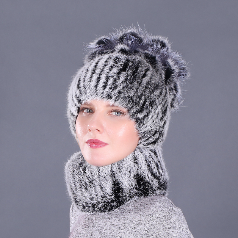 Newest Elastic Knitted Rabbit Fur Beanies And Collars with Fox Pomom Genuine Fur Winter lady Cap Real Fur Hat & Scarf