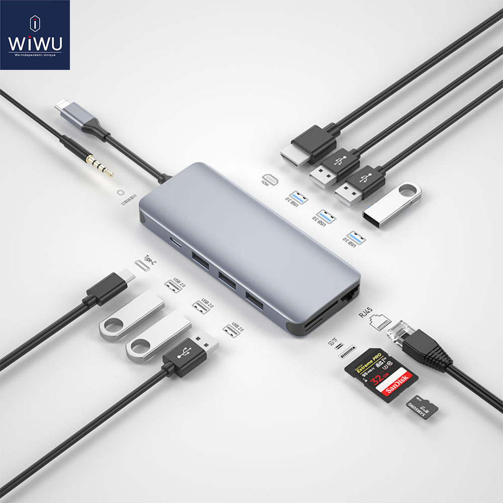 WiWU 12 in 1 USB Hub for MacBook Air Pro 13 16 2020 M1 VGA/RJ45 Multi-function Type C Hub Adapter for Huawei USB Splitter