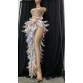 Sexy Stage Multi-color Rhinestone Pearl Sequin Feather Slit Feather Dress Prom Birthday Celebrate Dress Women Dancer Show Dress
