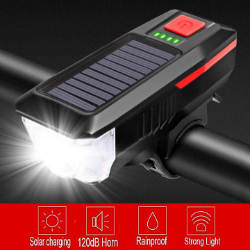 Solar Charging Bicycle Light 3 Modes LED Road Mountain Bike Front Light Waterproof Bicycle Bell Light USB Rechargeable Headlight