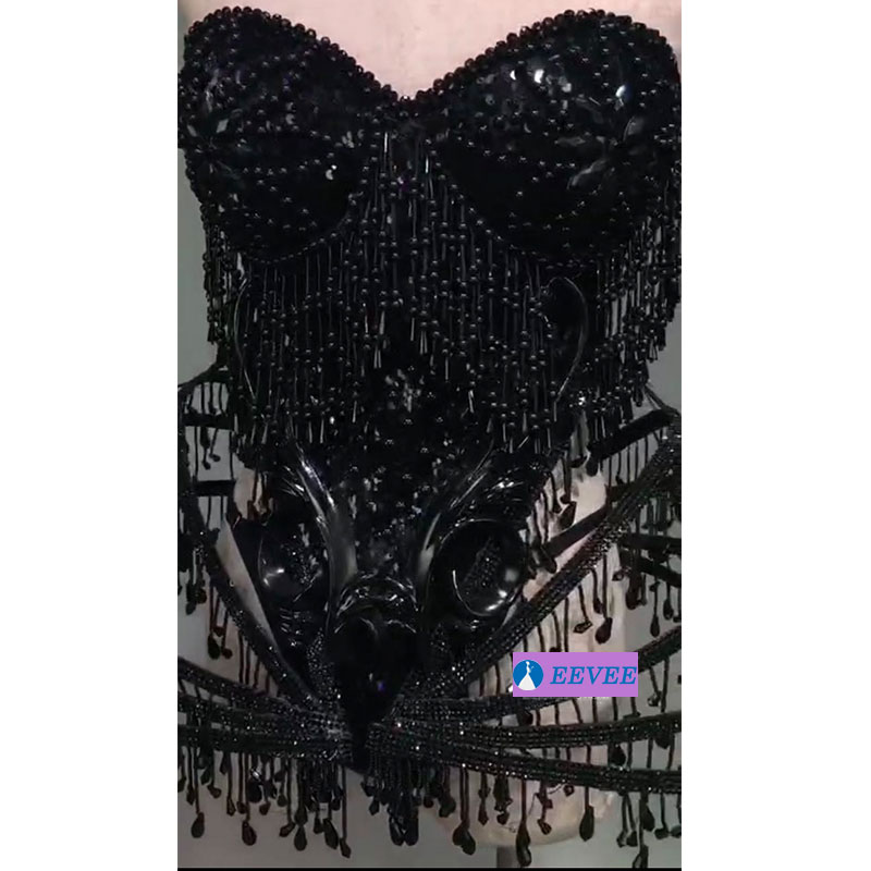 Black Sexy Crystal beads Bodysuit Dress Stage Performance Bling Dresses Dance Wear Nightclub Shining Costume Outfit
