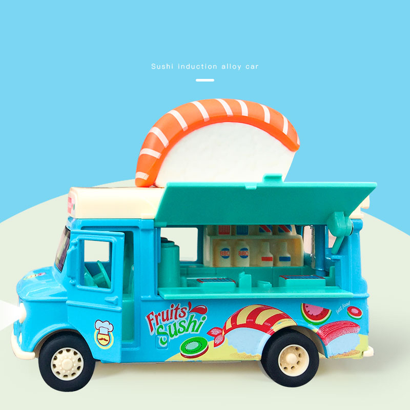 Pull Back Car Food Truck Vehicle Toy Car with Music Light and Openable Doors Awning, Ice Cream Toy Cart Alloy Toys Diecast