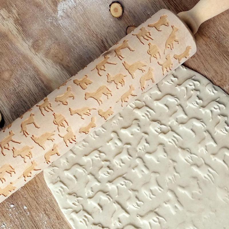 Christmas Embossing Rolling Pin Baking Cookies Noodle Biscuit Fondant Cake Dough Engraved Roller Reindeer Creative Kitchen Tools