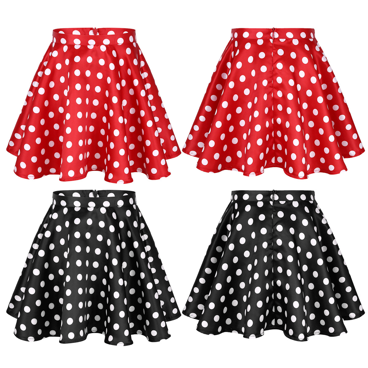 Big Girls Vintage 1950s Smooth Satin Polka Dots Back Zipper Closure Full Circle Flared Swing Skirt Casual Above Knee Mini Skirts