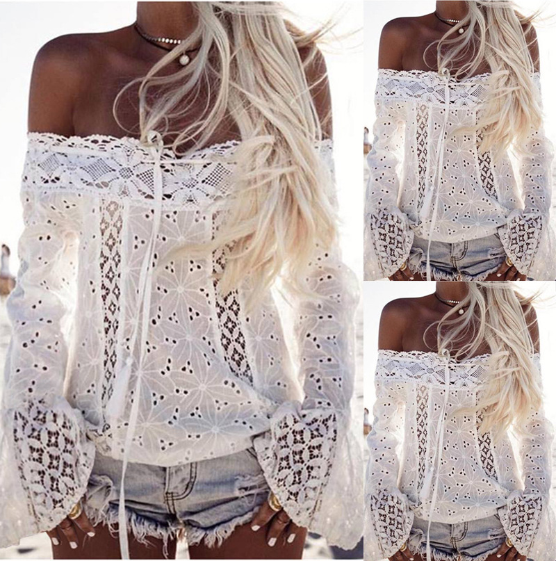 New Lady Off Shoulder Floral Lace Women Top Hollow Out flare Sleeve Ladies Shirt Women Sexy Chemise Blusas Tops Tee